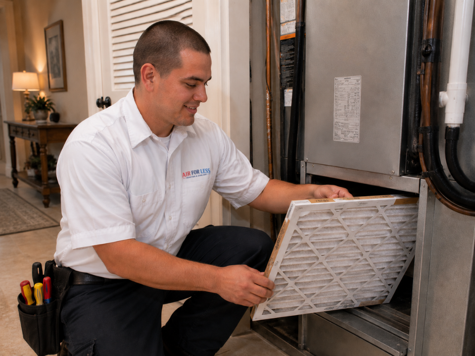 Air For Less technician performing HVAC maintenance